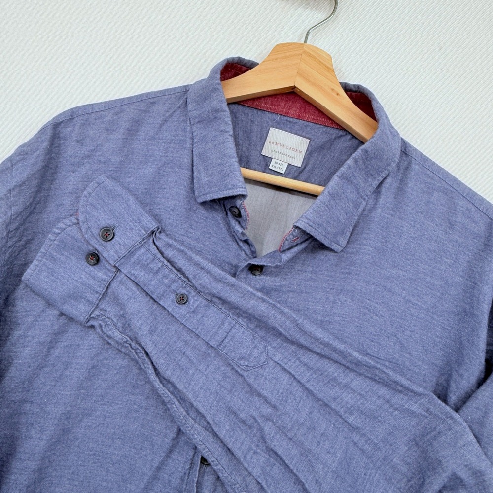 Samuelsohn Button Down Shirt Mens XXL 18.5 Blue Long Sleeve Textured Minimalist